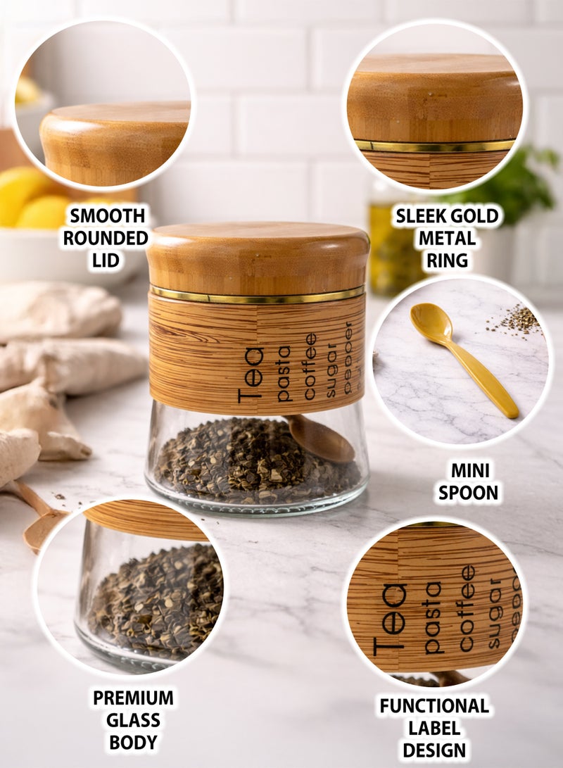 توشيونيكس رف توابل من الخيزران مع 6 برطمانات زجاجية للتوابل - منظم مطبخ من طبقتين مع ملاعق، برطمانات مُصنفة، أغطية بنمط الخيزران - طقم تخزين توابل عصري لسطح المطبخ - Image 5